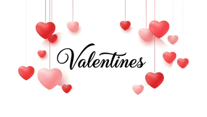 Valentines sign with hanging hearts isolated on transparent background