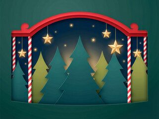 Elegant Christmas greeting card background with dark green tones, layered pine forest in paper-cut style, hanging gold stars, red arch frame, and minimal festive glow.