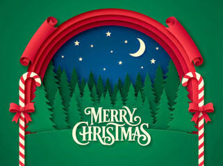 Dark green Christmas background featuring layered paper-cut pine trees, subtle night stars, golden hanging ornaments, red arch frame, and candy-cane poles in an elegant modern holiday design