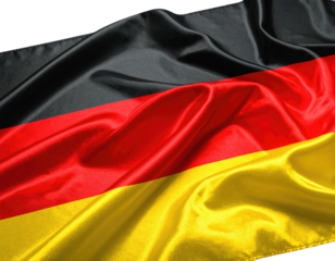 Close-up of a flag with horizontal black, red, and gold stripes. Fabric with visible folds