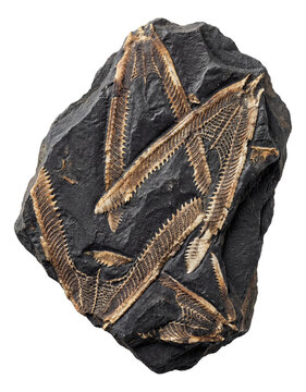 Fossilized graptolite colony with branching, serrated forms on dark shale.