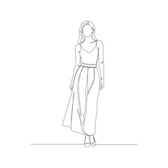Hand-Drawn Woman in Long Coat and Trousers Line Art