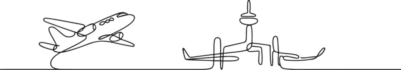 Small plane taking off in continuous line art drawing style, One continuous line drawing of airport icon. one line Icon drawing