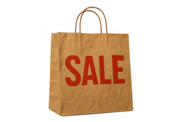 Brown paper shopping bag displaying a red sale text, representing discount retail shopping and consumerism