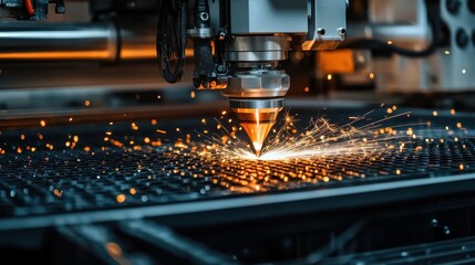 Fototapeta premium Industrial laser cutting machine working on metal with sparks. AI-generated.