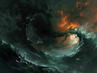 Abstract digital storm with swirling smoke, fire and energy forms. AI-generated.