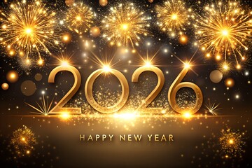 Golden 2026 New Year Celebration Background with Glittering Fireworks and Bokeh