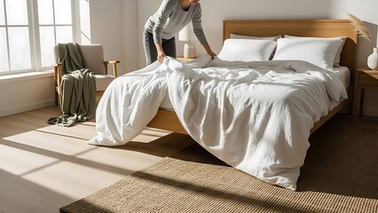 Woman making bed in a serene, minimalist bedroom with natural light and wooden furniture, editorial image