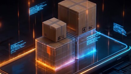 Cardboard boxes on a smartphone screen with digital data display - Powered by Adobe