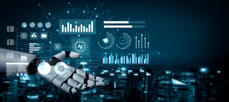 A robotic hand displays advanced data analysis and artificial intelligence graphics against a digital city backdrop, symbolizing technological innovation and the future. Gantry - Powered by Adobe