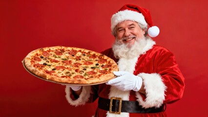 Jolly man in festive red suit holding large pizza with various toppings, smiling cheerfully against a vibrant red background, celebrating the holiday spirit with delicious food