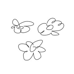Daisy flowers drawn carelessly by a child's hand - a black and white drawing with a thin line on a white background. Art drawing of plants, three blooming flowers.