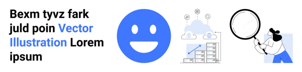 Obraz premium Digital technology, AI research, data management, online analysis, cloud computing, problem-solving tools. Blue happy face, cloud data illustration examining magnifying glass. Technology and AI