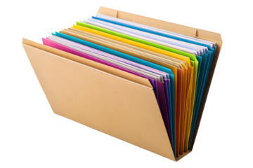 Professional office expanding file folder with multiple colorful dividers for efficient document organization and easy access to papers, isolated on white background