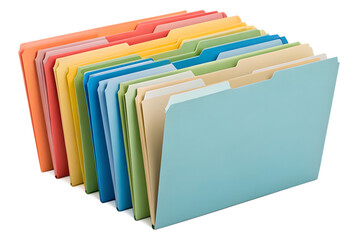 Colorful office folders, neatly arranged with visible tabs, isolated on white, representing efficient document management and business organization for tasks