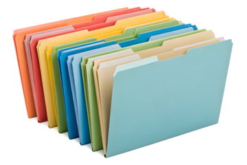 Colorful office folders, neatly arranged with visible tabs, isolated on white, representing efficient document management and business organization for tasks