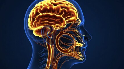 Human brain and nervous system anatomy inside head profile showing neuroscience neural pathways spinal cord and medical education healthcare science background - Powered by Adobe