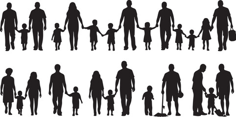 Family groups walking holding hands silhouettes