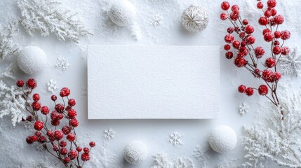 Holiday banner on snowy white background framed by white Christmas decorations