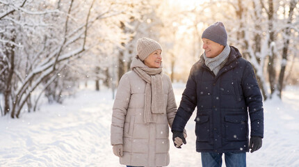 Senior couple enjoys winter walk together. Smiling couple holds hands as couple strolls in snowy park with gentle snowfall, perfect for christmas greeting, new year card, valentines day campaign