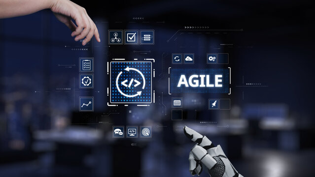 A modern workspace where a robotic hand interacts with a digital interface showcasing agile concepts through various icons and graphs, symbolizing innovation. Synapse - Powered by Adobe