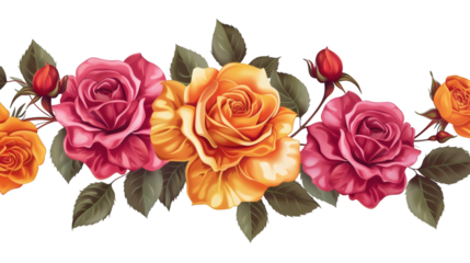 Set of rose flowers in vibrant hues on a white background isolated