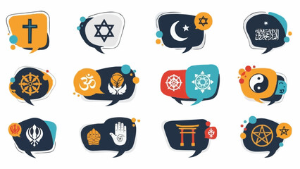 Collection of Religious Symbols in Speech Bubbles Representing Diverse Faiths and Beliefs