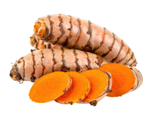 Fresh turmeric root and sliced pieces showcasing a bright orange interior