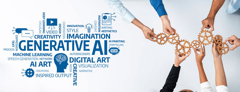 Engage in a vibrant scene showcasing collaboration among diverse individuals as they connect gears symbolizing creativity and innovation through generative AI concepts. Amity - Powered by Adobe