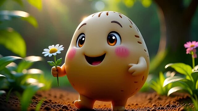 Whimsical potato character holding a daisy in a sunny forest garden, animated 3d render