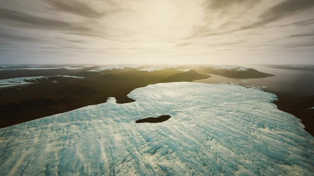 Voyage through frosty waters past floating ice formations and cliffs, Navigating along stunning coastline dotted with icebergs under glowing sky