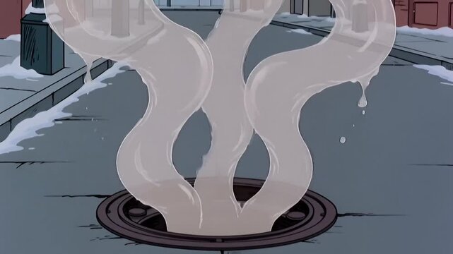 Animated sewer manhole spewing thick white liquid in a cartoon city street during winter with snow on the ground