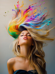 A woman in motion with vibrant colors flowing through her hair, representing professional hair coloring, creativity, and long-lasting color intensity.