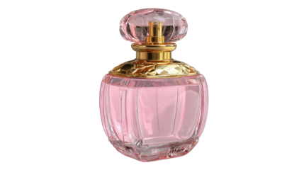 A luxury pink crystal perfume bottle with transparent glass and a golden spray cap, containing a fragrant cosmetic liquid and isolated on a white background as a fashion gift for a woman