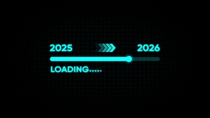 Progress bar loading from year 2025 to 2026 with futuristic blue neon light effect on a dark grid background - Powered by Adobe