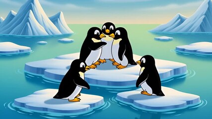 Charming animated penguins gather on ice floes in a serene arctic landscape with icy mountains and calm ocean waters