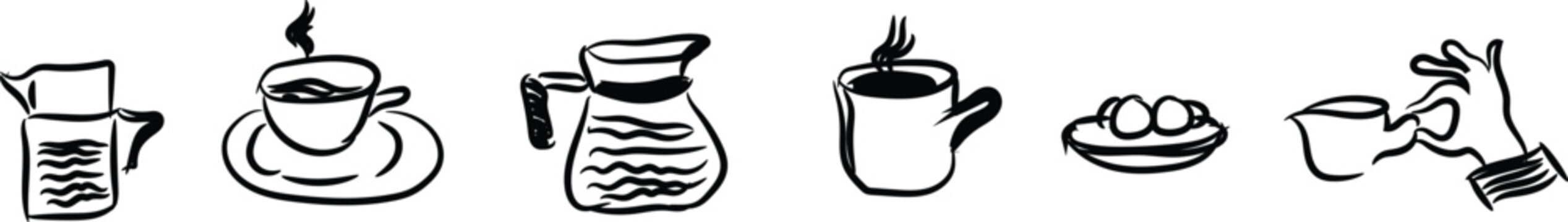 Hand drawn outline posters set of coffee break. Doodle illustrations with cups and glasses, coffee maker
