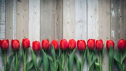 Row of red tulips against wooden fence
