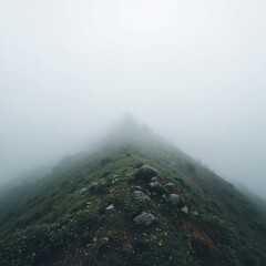 Misty Mountain Peak with Rocky Terrain and Dense Fog