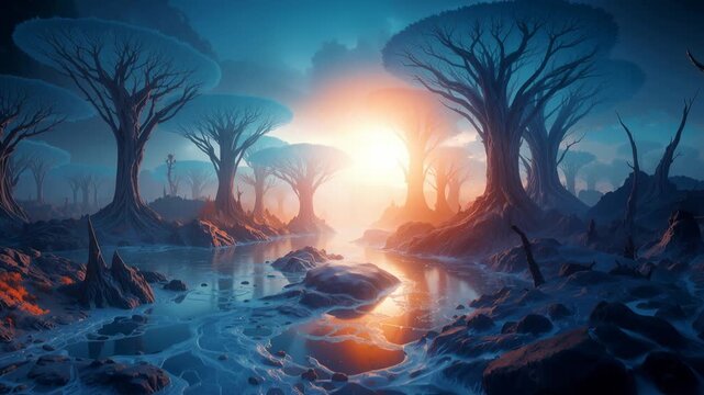 Alien landscape with bioluminescent river flowing through ancient forest. Surreal terrain with glowing lava pools and towering dead trees at sunset
