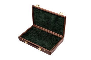 Open premium wooden briefcase with dark green velvet lining on a white back