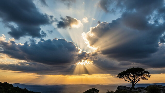 Sun rays breaking through dark clouds, hope and perseverance.