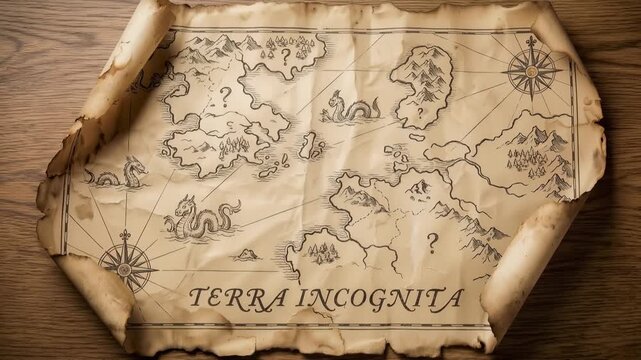 Aged parchment map with fantasy territories and compass rose on wooden surface. Camera pans horizontally then tilts upward revealing full cartography details.