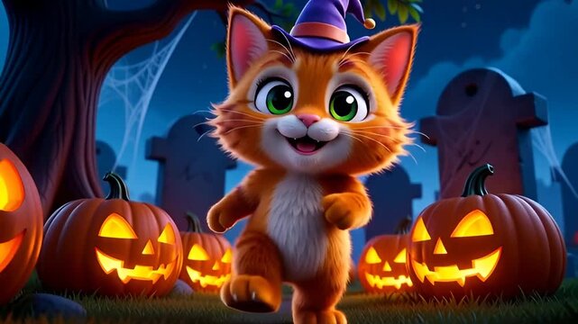 Cute cartoon orange cat wearing a witch hat dances in a spooky graveyard with glowing jack o lanterns and tombstones at night