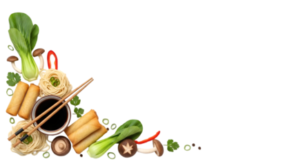 Asian cuisine corner frame on white background, noodles, chopsticks, soy sauce bowl, spring rolls and vegetables arranged neatly in bottom left corner, clean minimal style, copy space