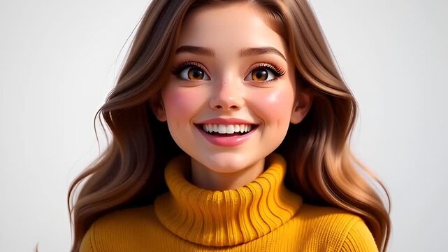 A cheerful young woman with long brown wavy hair and bright eyes smiles warmly, wearing a cozy yellow turtleneck sweater, isolated on a clean