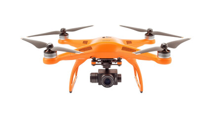 A small orange drone with a camera on top of it, isolated on a transparent background