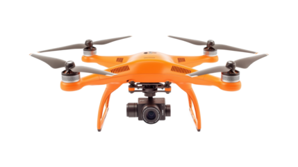 A small orange drone with a camera on top of it, isolated on a transparent background
