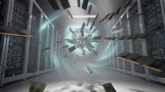RAM modules spiraling into glowing vortex inside server facility. Dynamic camera panning through data center corridor with floating memory chips. Visual metaphor for the global memory shortage