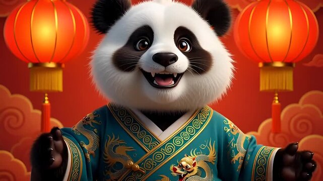 Seamless loop of a cheerful cartoon panda wearing a traditional blue and gold robe, surrounded by glowing red chinese lanterns and auspicious